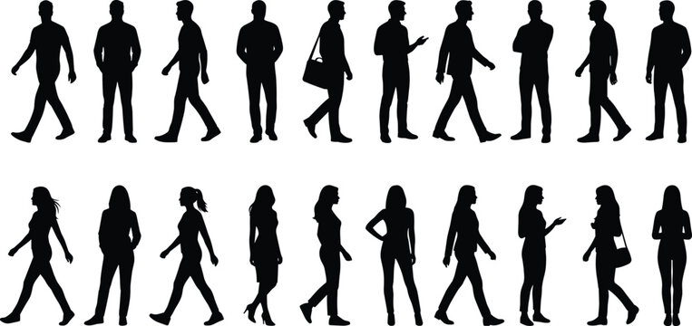 Black silhouette vector icons of men and women standing, walking, and gesturing in everyday casual postures and social interaction