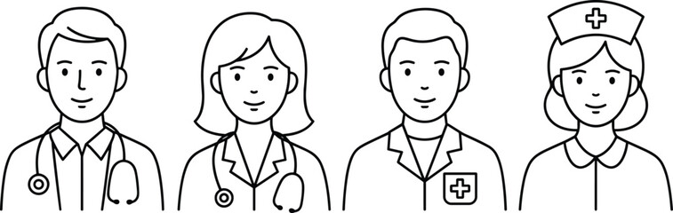 Fototapeta premium Minimalist vector line‑art illustrations of healthcare professionals including doctors and nurses with stethoscopes, medical symbols, and uniforms
