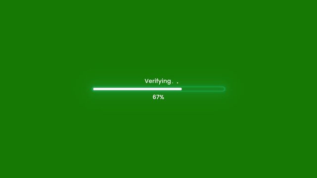 Verifying progress bar animation with alpha channel, White loading bar, pixel art animation from 0 to 100 increasing percentage on green background, 4k resolution