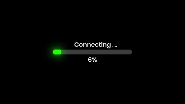 Abstract green connecting bar with 100 percent connected, pixel art glowing lights loading and progress bar animation, loading concept on black background, 4k resolution