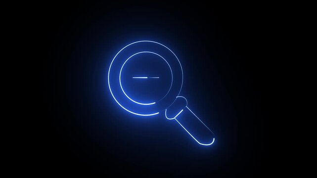 Glowing blue neon zoom out minus icon on a dark black background