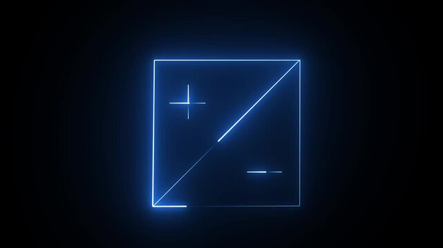 Glowing blue neon square symbol with plus and minus signs on dark background