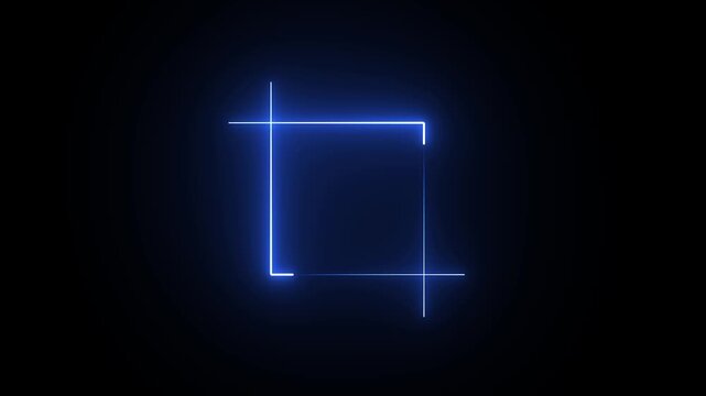 Glowing blue neon square frame with light corner accents on a solid black background