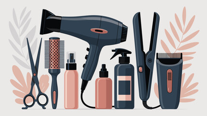 Naklejka premium Stylish flat lay illustration of professional hairdresser and barber tools on a soft neutral background.