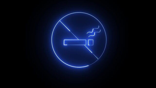Glowing blue neon no smoking sign on a black background