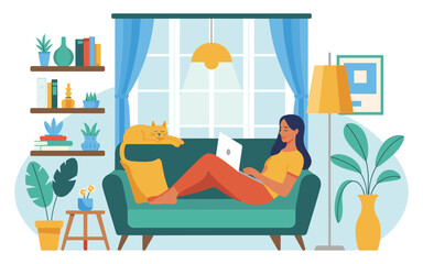 Obraz premium Relaxed young woman working on her laptop while lying on a comfortable sofa with her yellow cat sleeping beside her.