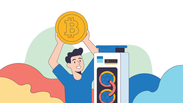 Happy cryptocurrency miner holding a giant golden bitcoin coin above his head next to an active computer mining rig.