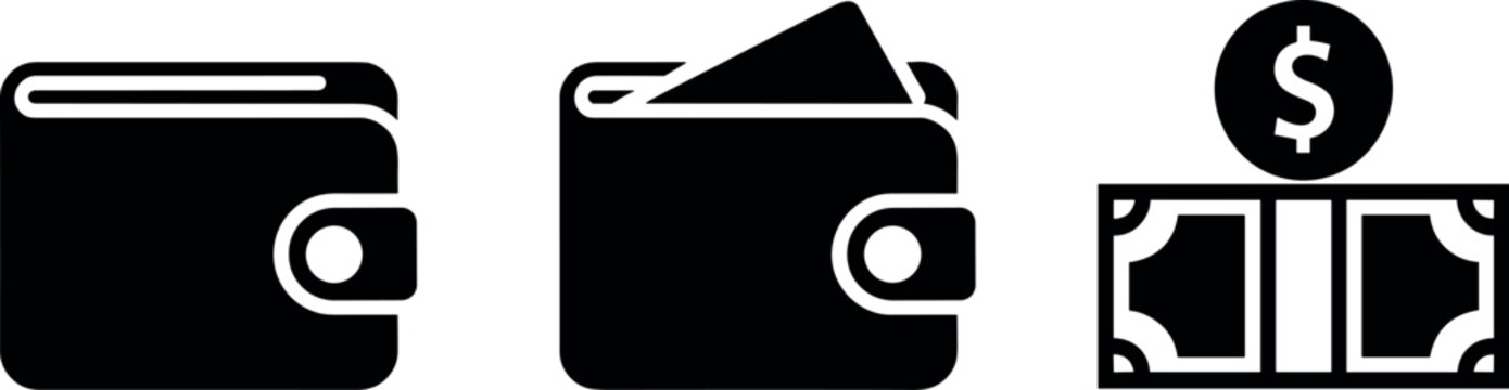 Black financial icon set featuring a closed wallet, wallet with credit card, and stack of cash money with dollar sign