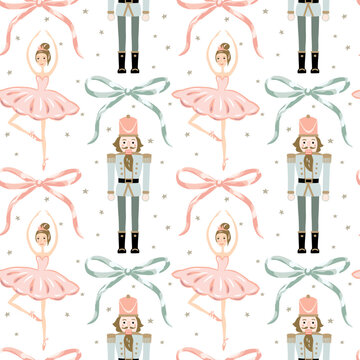 Christmas seamless pattern, Nutcracker, ballerina, bows, stars, white background. Vector illustration. Festive design. Season greeting. Winter holidays wrapping