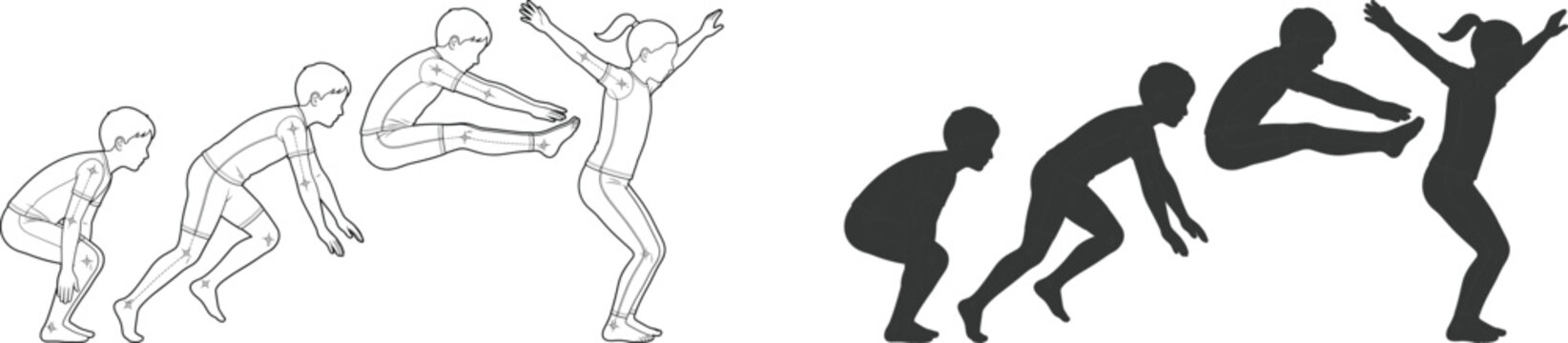 Biomechanical motion sequence of a child performing a standing broad jump with joint tracking markers.