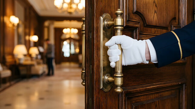 Hotel bellman opening grand entrance door for guests. Professional porter in uniform assisting with luxury lobby service.