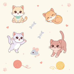 Fototapeta premium Adorable cartoon cats playing sleeping and interacting with toys yarn and mouse