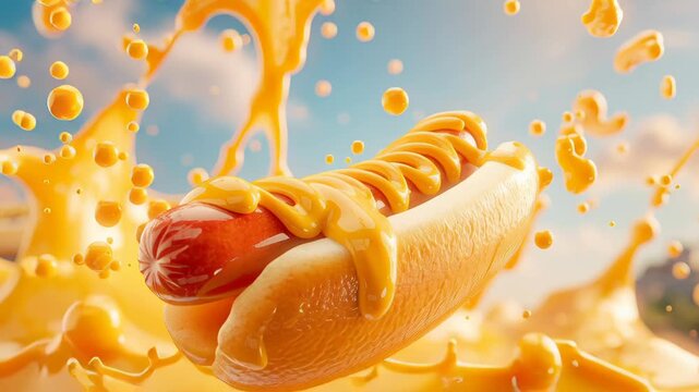 Captivating Levitation of a Classic Hot Dog with Dripping Mustard and Dynamic Splash Ideal for Bold Fast Food Advertising
