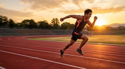 Fototapeta premium Runner on Track at Sunset: A focused male athlete sprints with determination on a red running track, silhouetted against a vibrant sunset sky, embodying speed and athletic ambition.