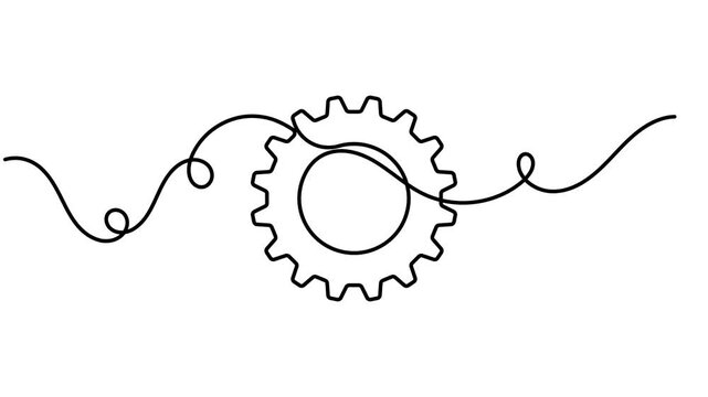 Optimization cog gear wheel icon sign continuous one line drawing moving on white background minimalist single art analytics financial workflow and engineering development symbol animation video