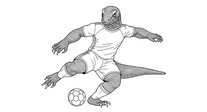 Komodo dragon playing soccer in a dynamic pose, black and white line art.