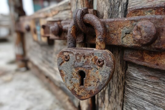 Rusty padlock on an old wooden gate
