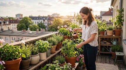 Fototapeta premium Balcony Garden Serenity: A young woman lovingly waters her flourishing balcony garden, surrounded by an abundance of lush plants and the soft, warm light of a setting sun.