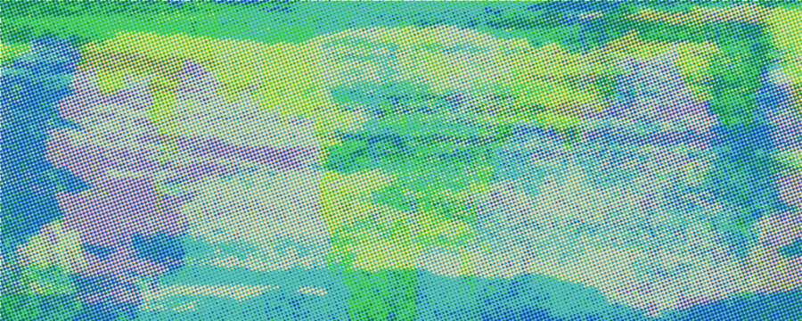 Colorful halftone printmaking texture, green, blue, riso print with bold dot pattern. Distorted risograph background for posters, collage and graphic overlays. Vector illustration