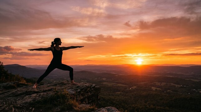 Sunrise Yoga Warrior Pose: A woman in a warrior pose welcomes the sunrise from a mountain top, her silhouette framed against a vibrant sky filled with warm hues.
