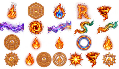 Set of colorful fire and magic energy effects with flames sparks and glowing particles for fantasy game design assets, transparent background © Md Faysal Ahmed