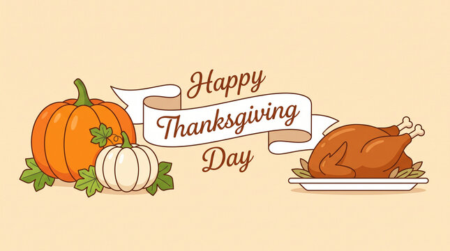 Happy thanksgiving day illustration with pumpkin and roasted turkey festive autumn design
