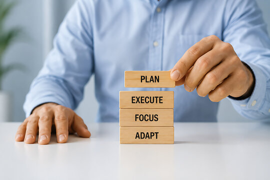 Business professional arranging plan execute focus and adapt blocks representing strategic project management productivity flexible leadership decision making and successful workflow