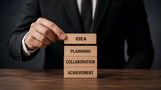 Businessman placing idea block above planning collaboration and achievement steps representing creative project management teamwork innovation strategy execution and successful organizational 