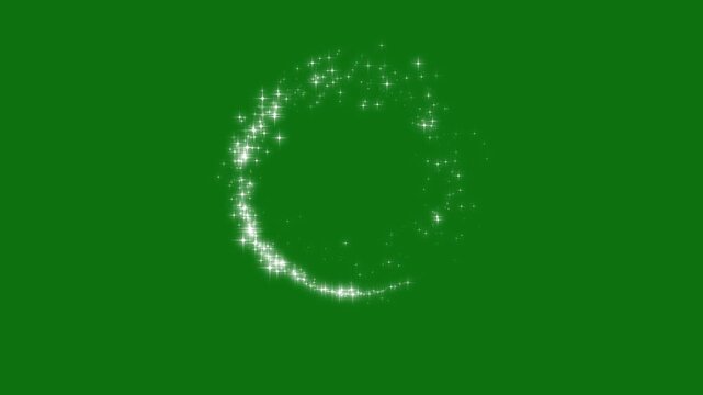 Magical white glitter star circle animation on green screen, twinkling sparkle dust trail, fairy wand particle ring, glowing bokeh lights, overlay, seamless loop, 2d fantasy motion graphics 4k