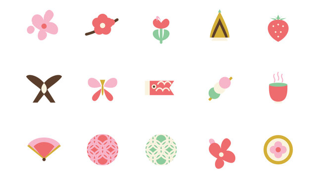 Japanese Spring Elements Minimalist Flat Icon Vector Set