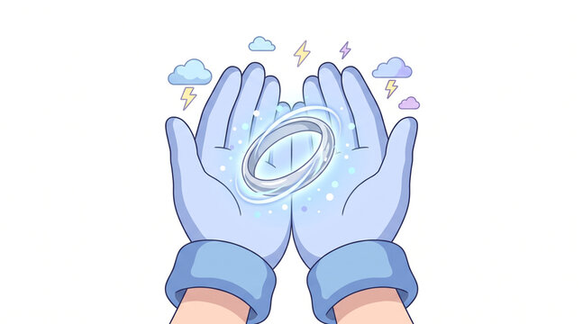 Cartoon hands holding glowing metallic ring surrounded by stormy clouds with gloves holding shimmering encircled magical energy