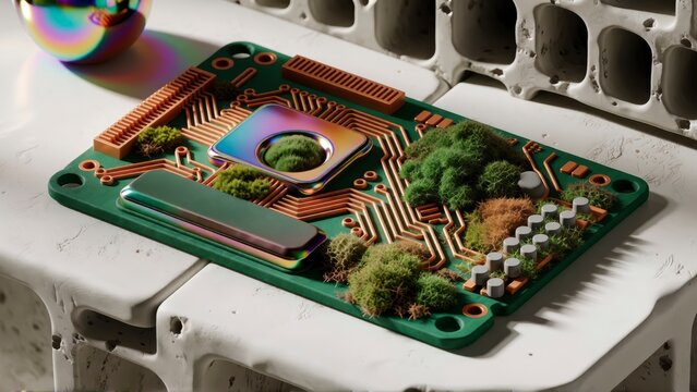 Circuit board with moss growth. Sustainable technology concept with green electronics.