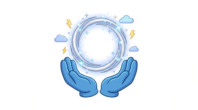 Stylized cartoon hands holding a magical glowing storm vortex with lightning bolts with cupping swirling glowing