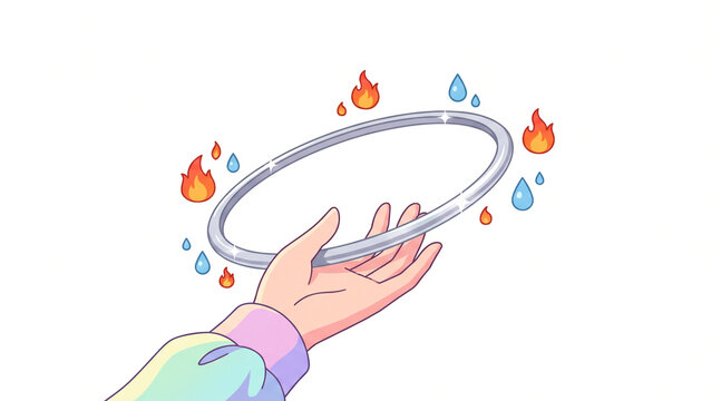 Stylized animated hand holding magical metallic ring surrounded by floating fire with digital illustration human