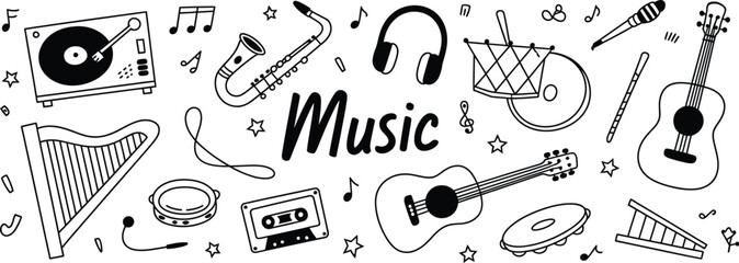 Music instruments doodle set featuring guitar piano drum trumpet violin microphone and musical accessories vector illustration © Rashed
