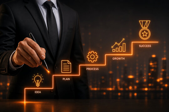 Businessman drawing illuminated success staircase with idea planning process growth and achievement icons representing strategic development leadership ambition and professional progress