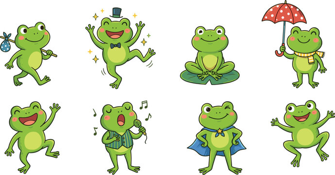 Cute Cartoon Frog Character Expression and Activity Sticker Collection Vector Set Featuring Eight Detailed Illustrations of Whimsical Amphibians Singing Sitting on Lily Pads and Wearing Costumes