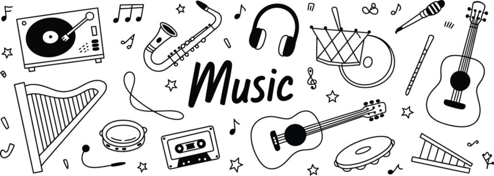 Music instruments doodle set featuring guitar piano drum trumpet violin microphone and musical accessories vector illustration