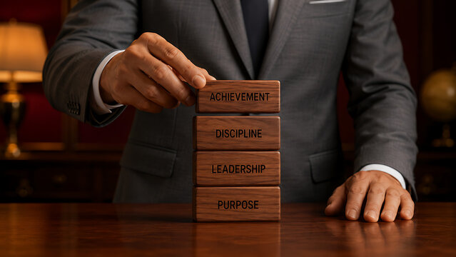 Achievement hierarchy built from purpose leadership discipline and achievement blocks symbolizes personal development executive success motivation focus responsibility and professional career
