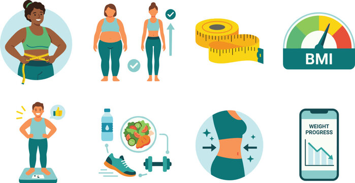 Modern Flat Weight Loss and Fitness Clipart Vector Illustration Collection Featuring Isolated Concept Graphics for Healthy Dieting BMI Tracking and Body Transformations