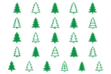 Obraz premium Minimalist black pine tree silhouette vector icon set featuring geometric winter forest fir shapes and clean linear spruce stencils isolated on a solid white background