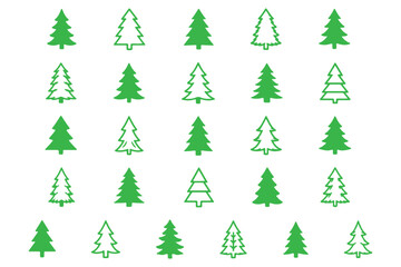 Obraz premium Minimalist black pine tree silhouette vector icon set featuring geometric winter forest fir shapes and clean linear spruce stencils isolated on a solid white background