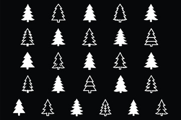 Obraz premium Minimalist black pine tree silhouette vector icon set featuring geometric winter forest fir shapes and clean linear spruce stencils isolated on a solid white background