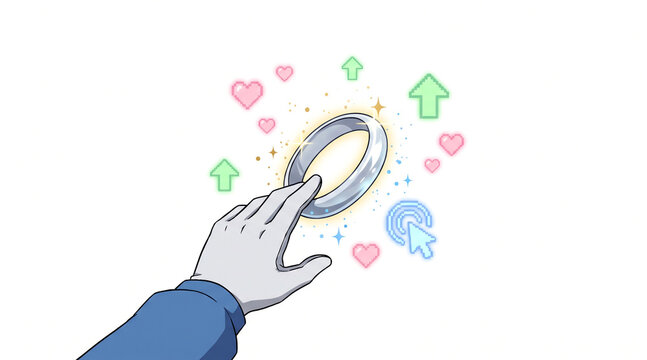 Gloved hand reaching toward glowing metallic ring surrounded by digital pixelated love heart icons with pixelated hearts directional