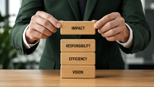 Business leader building wooden block hierarchy with vision efficiency responsibility and impact symbolizes sustainable management accountability corporate strategy and positive organizational