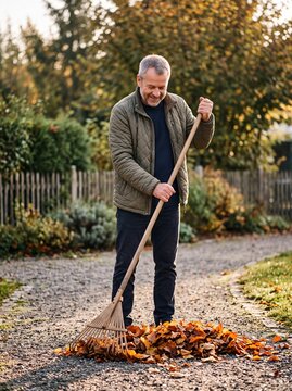 Mann harkt Herbstlaub mit Rechen auf Kiesweg im Garten