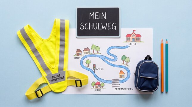 Sicherheitsweste und Schulwegkarte Nahaufnahme zum Schulweg