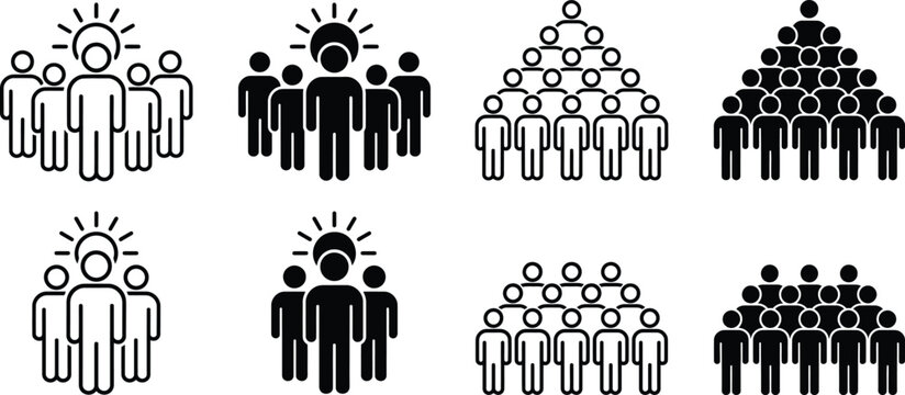 Set of black and white representing leadership, hierarchy, and team structures, featuring stylized human figures and pyramid charts
