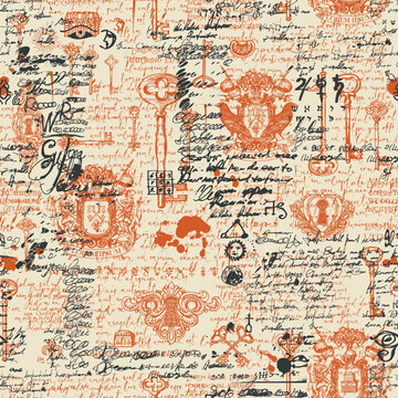 Vector Seamless pattern or background with vintage Hand-drawn medieval knightly coats of arms, old keys and text lorem ipsum on old paper background. Wallpapers on ancient themes