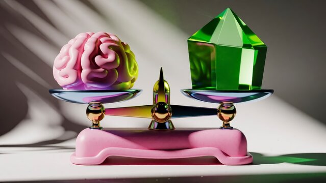 Human brain and green crystal on scales. Balancing mental health with material wealth.